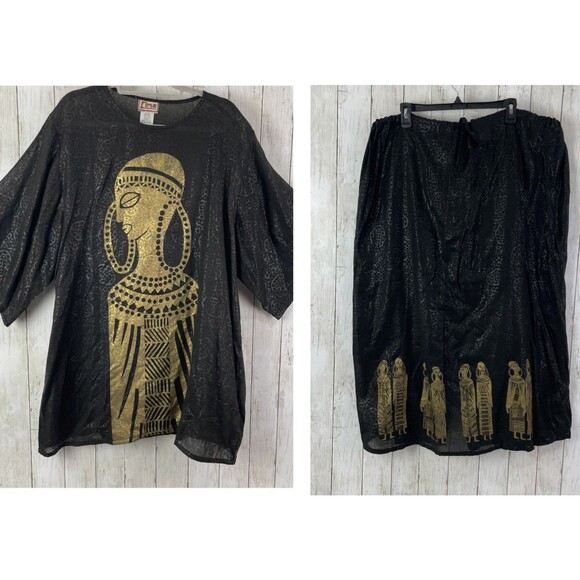 Rima One Size African Black & Gold 2 Piece Blouse & Skirt Set - Drawstring Waist - Picture 1 of 14